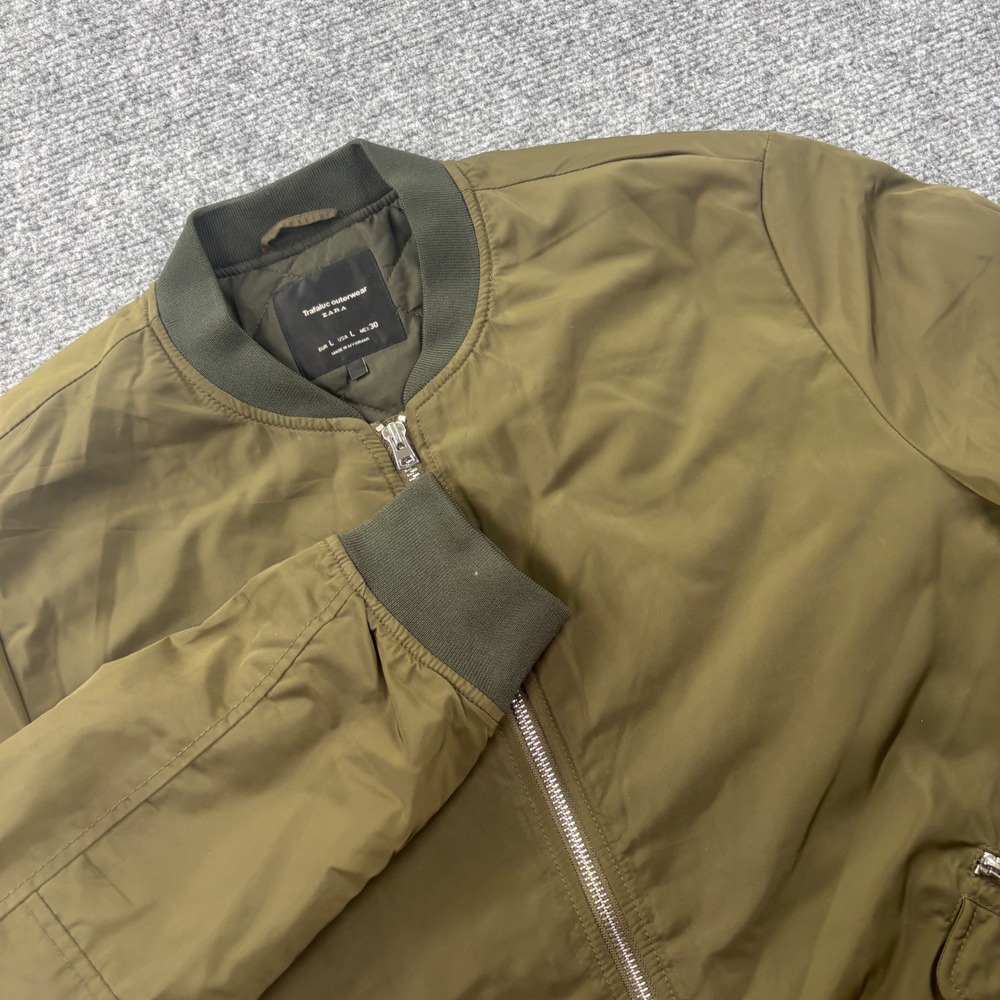 Zara Bomber Jacket Large Olive Green Full Zip Pockets Mens‎